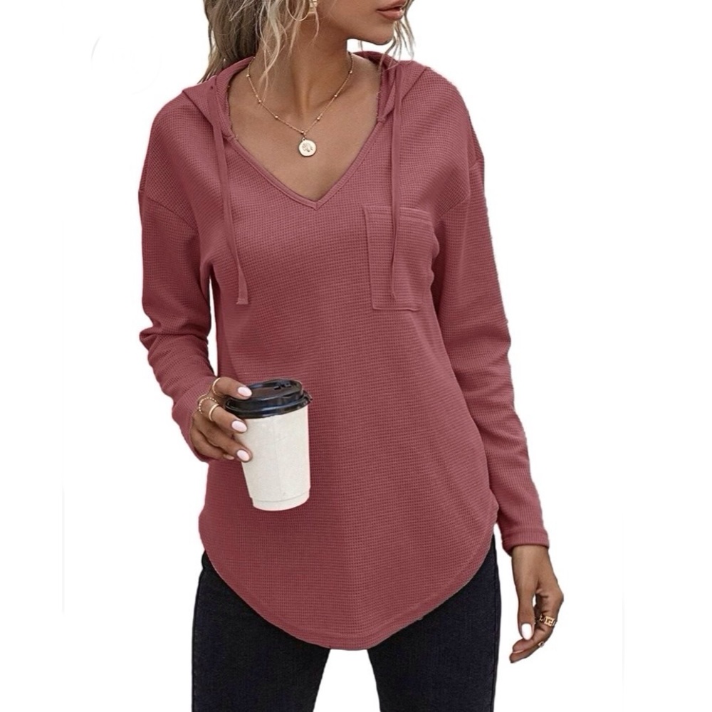 💖 Morhuduck‎ Dusty Rose V-Neck Hoodie Sweatshirt Pullover